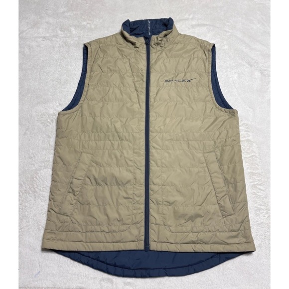SpaceX Puffer Vest Mens Med Blue Beige Reversible Full Zip Insulated Lightweight